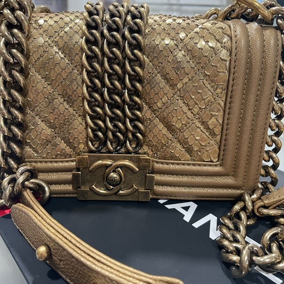 CHANEL Metallic Bronze leather Python Boy Crossbody Bag - Picture 7 of 15